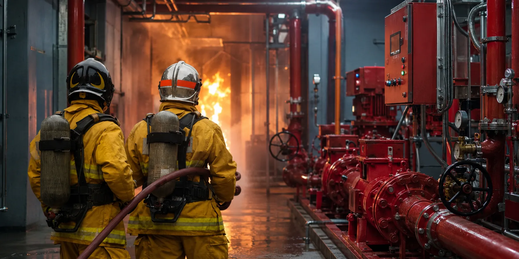 Firefighters beside red fire-protection pump equipment in an industrial pump room