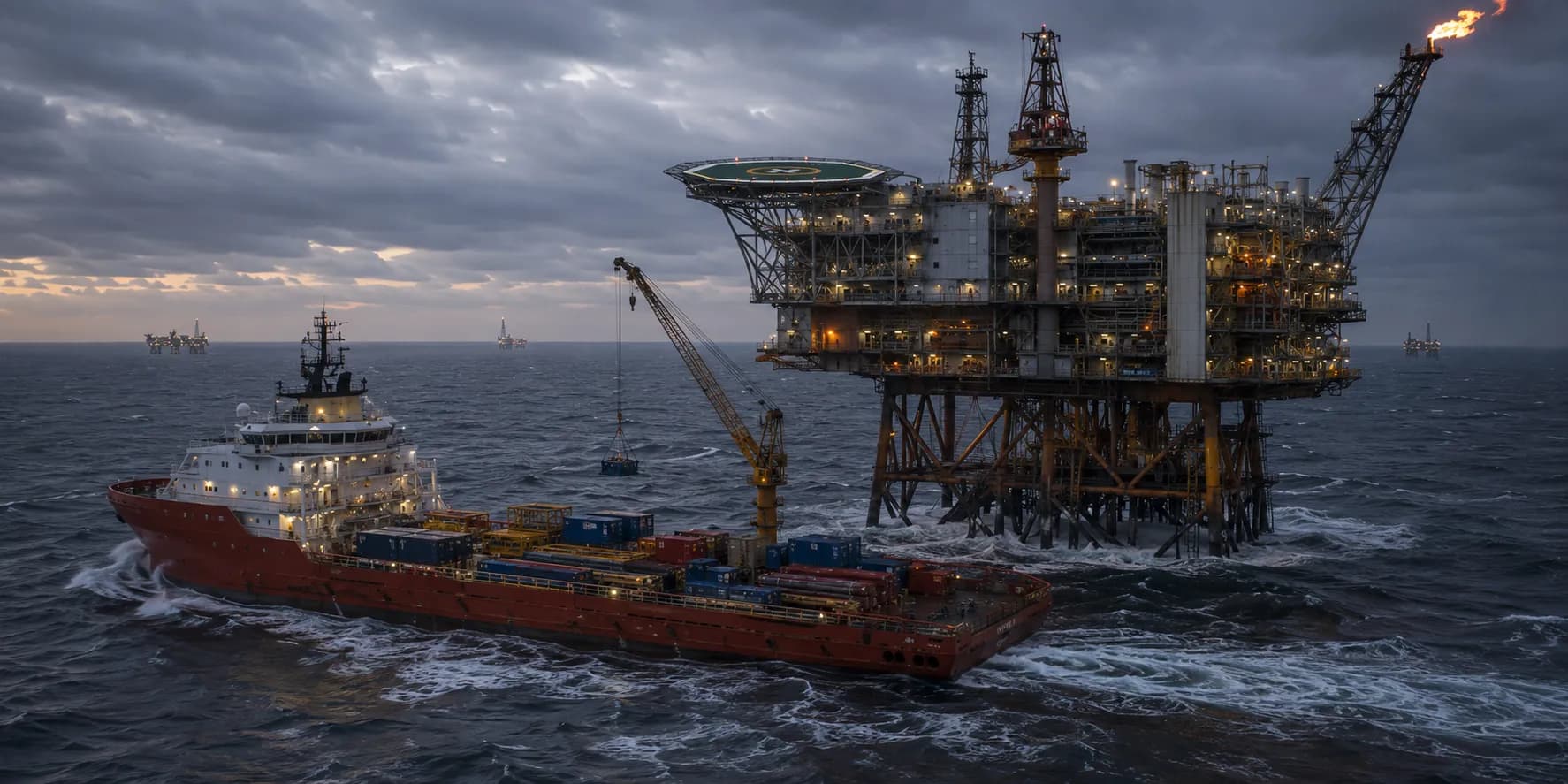 Offshore platform with supply vessel operating alongside in rough sea