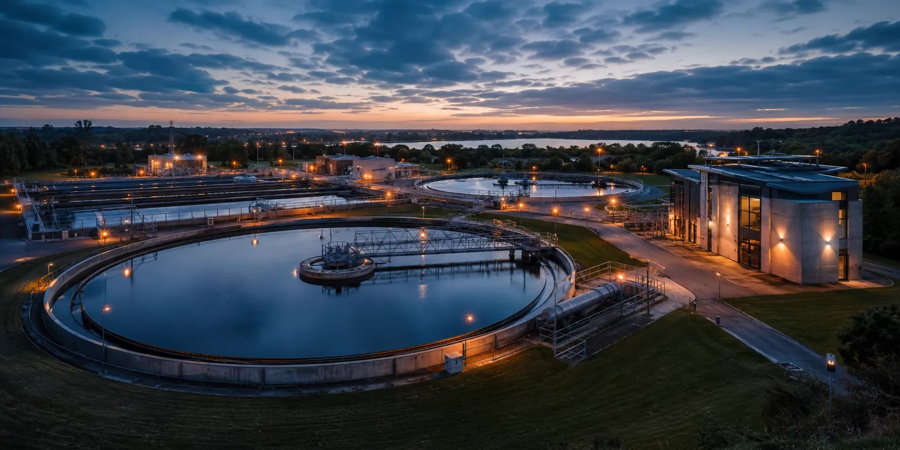 Water treatment works with circular clarifiers and illuminated service buildings at dusk