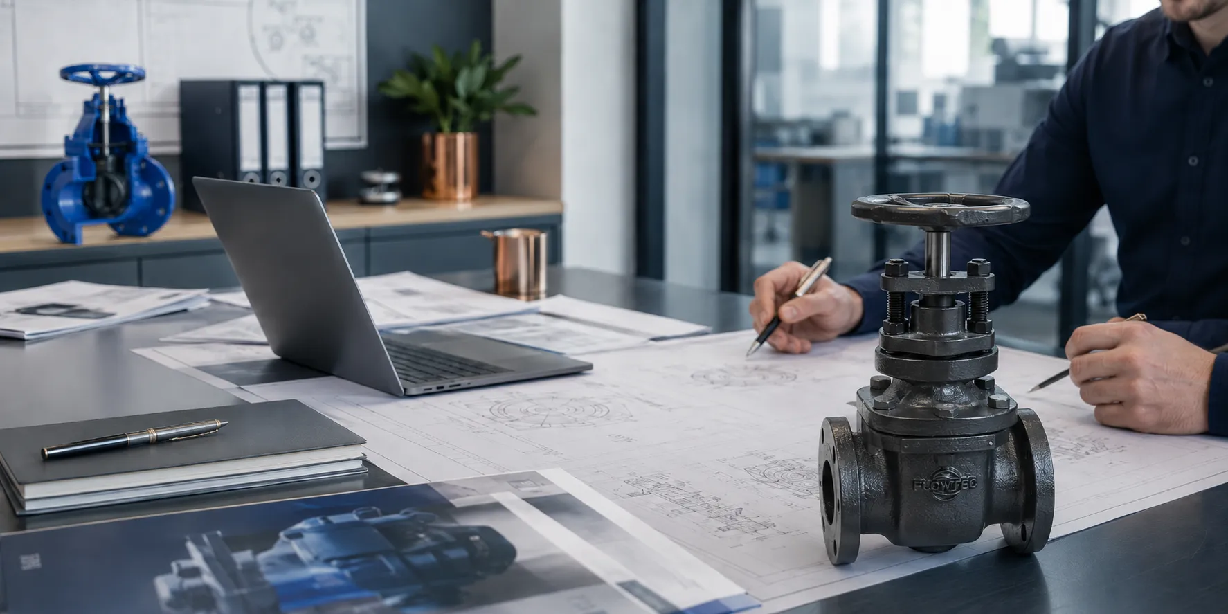 Engineering drawings, laptop and industrial valve arranged for technical enquiry review