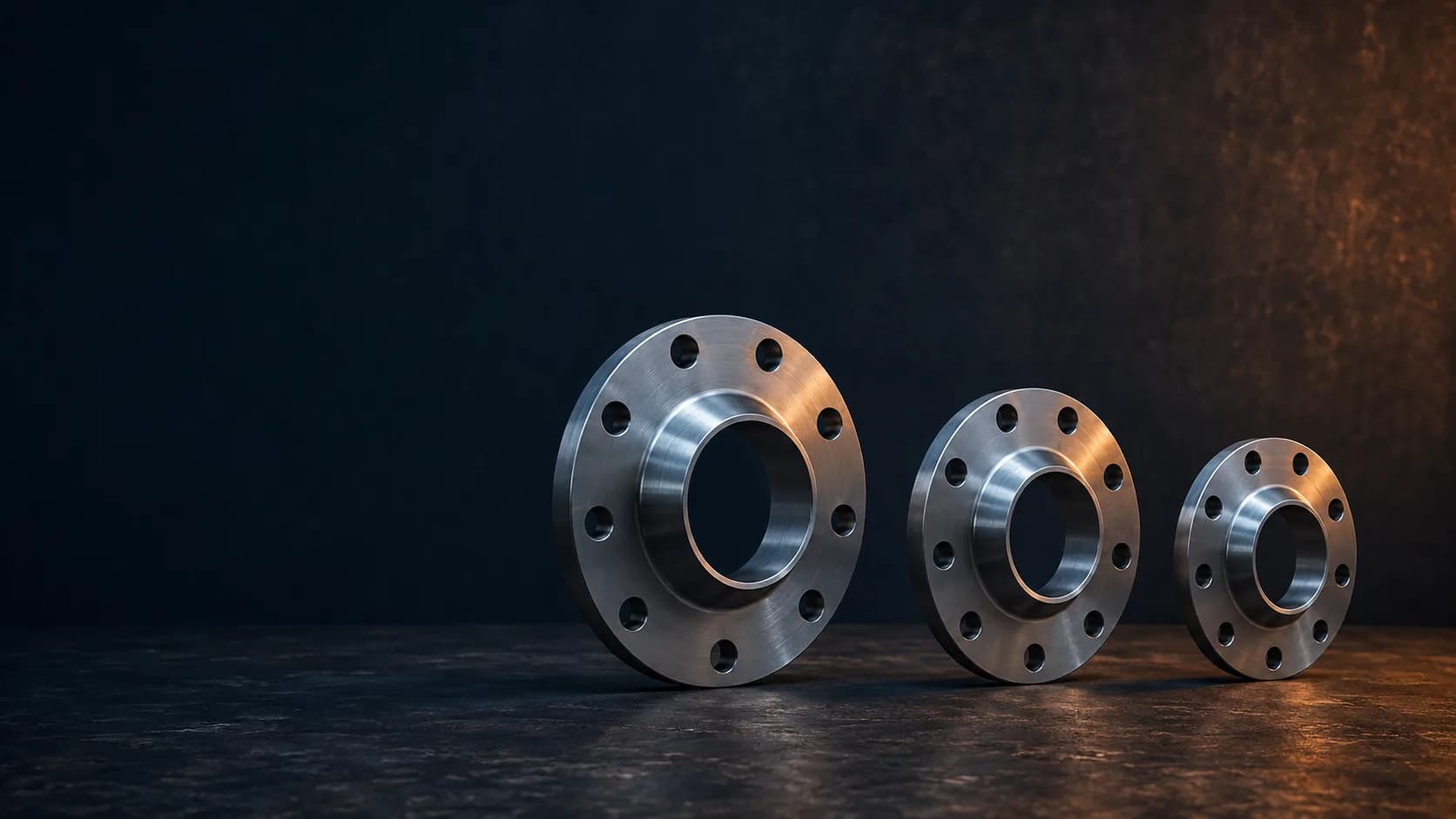 Weld-neck steel flanges in graduated sizes
