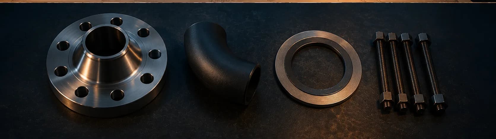 Weld-neck flange, pipe elbow, spiral-wound gasket and stud bolts
