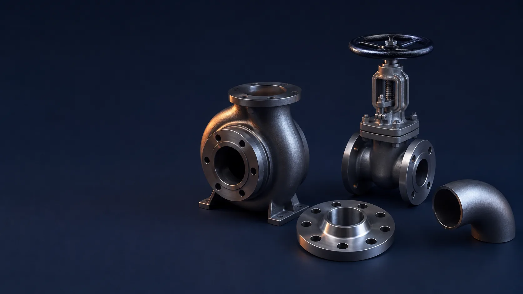 Centrifugal pump casing, gate valve, weld-neck flange and pipe elbow