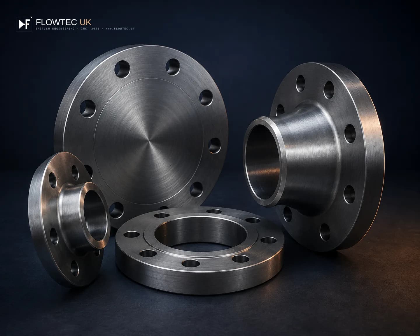 Machined steel pipe flanges — weld-neck, blind and slip-on — representative product visual